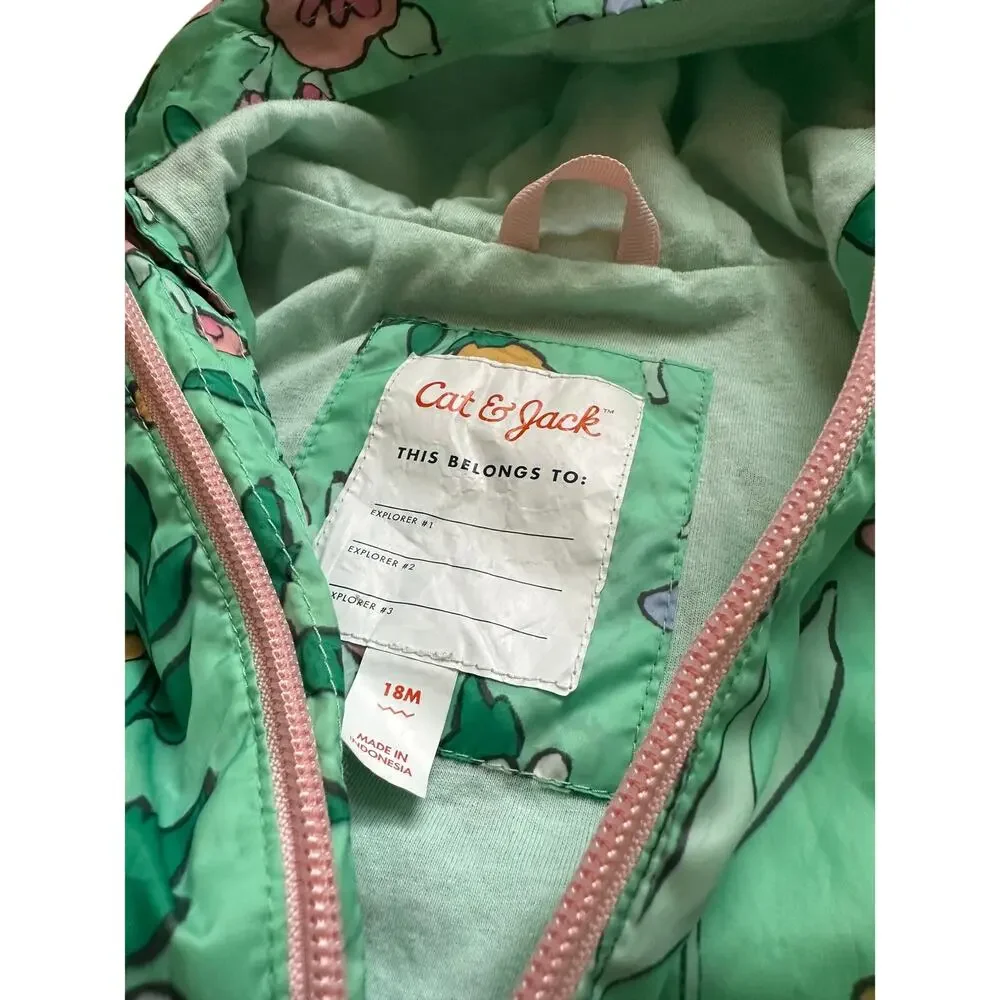 Cat & Jack Girls Toddler Rain Coat Jacket Green with Flower Design Size 18M - Picture 2 of 8